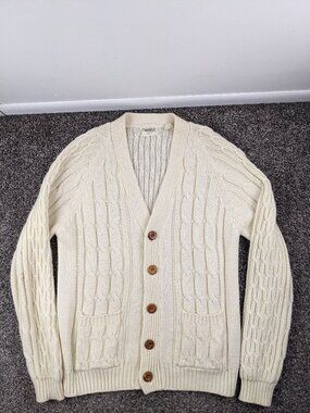 Vintage Gimbels Sweater Cardigan Cable Knit Fisherman Raglan Ivory Mens Large
